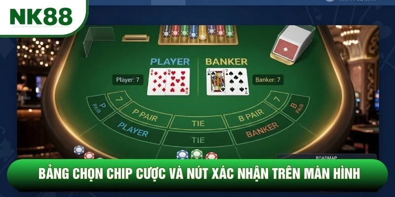 Bảng chọn chip cược và nút xác nhận trên màn hình Bảng chọn chip cược và nút xác nhận trên màn hình
